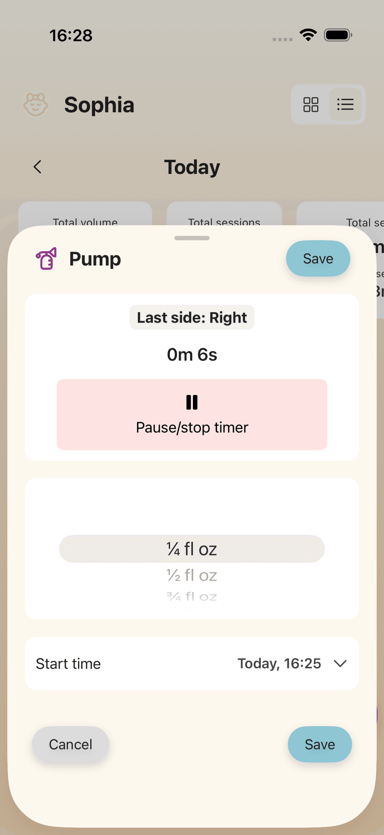 Pumping session tracking screen
