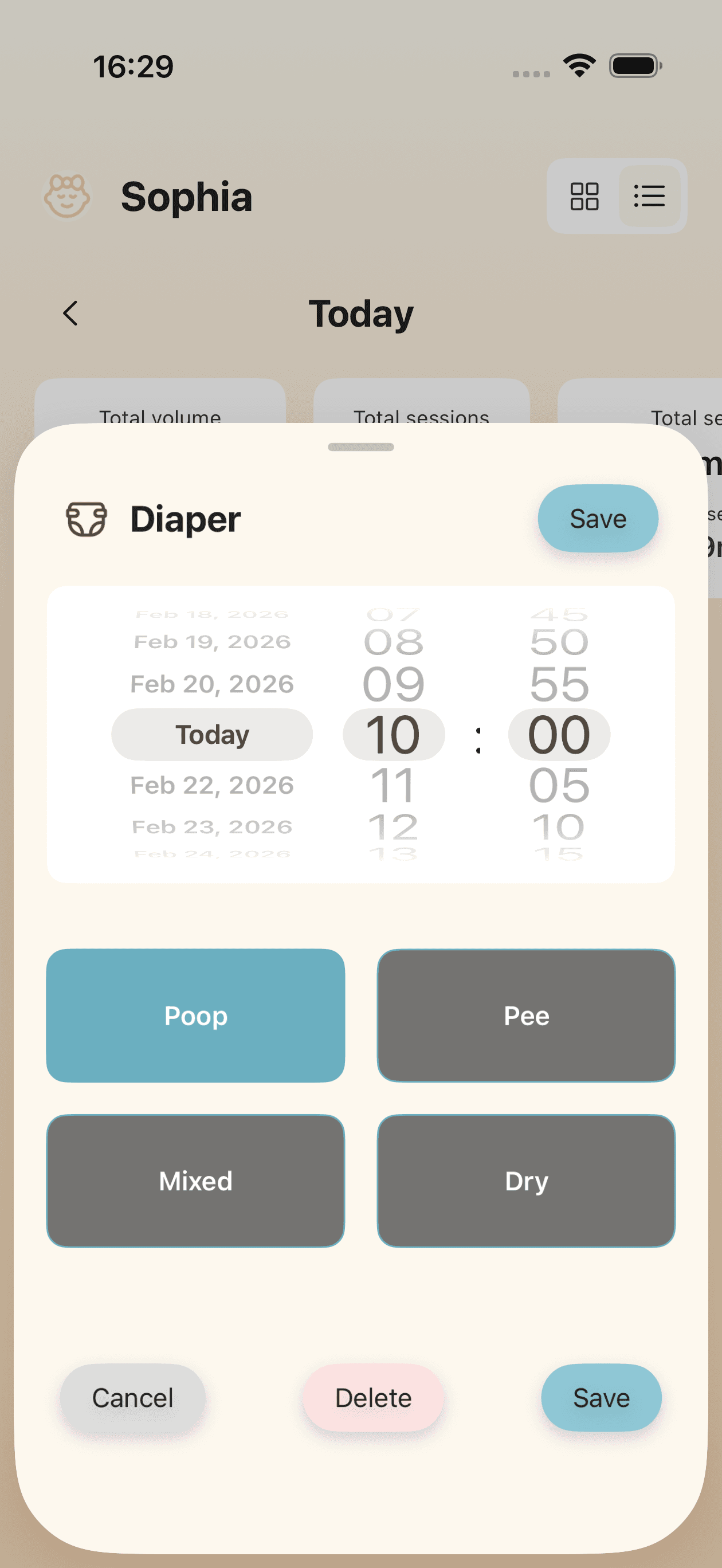 Diaper tracking interface with pee, poop, and mixed options