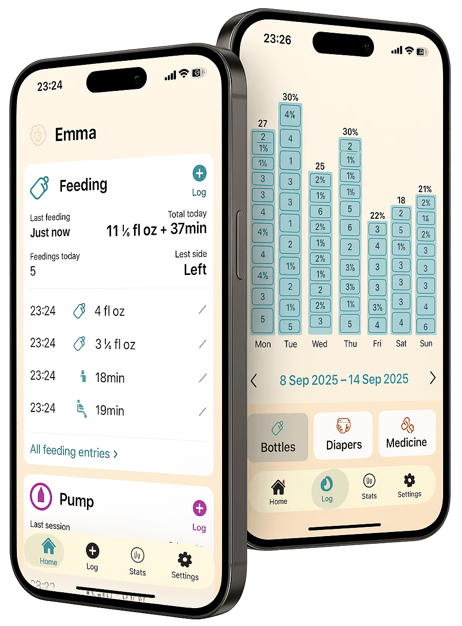 Noora Baby home screen showing feeding and diaper tracking