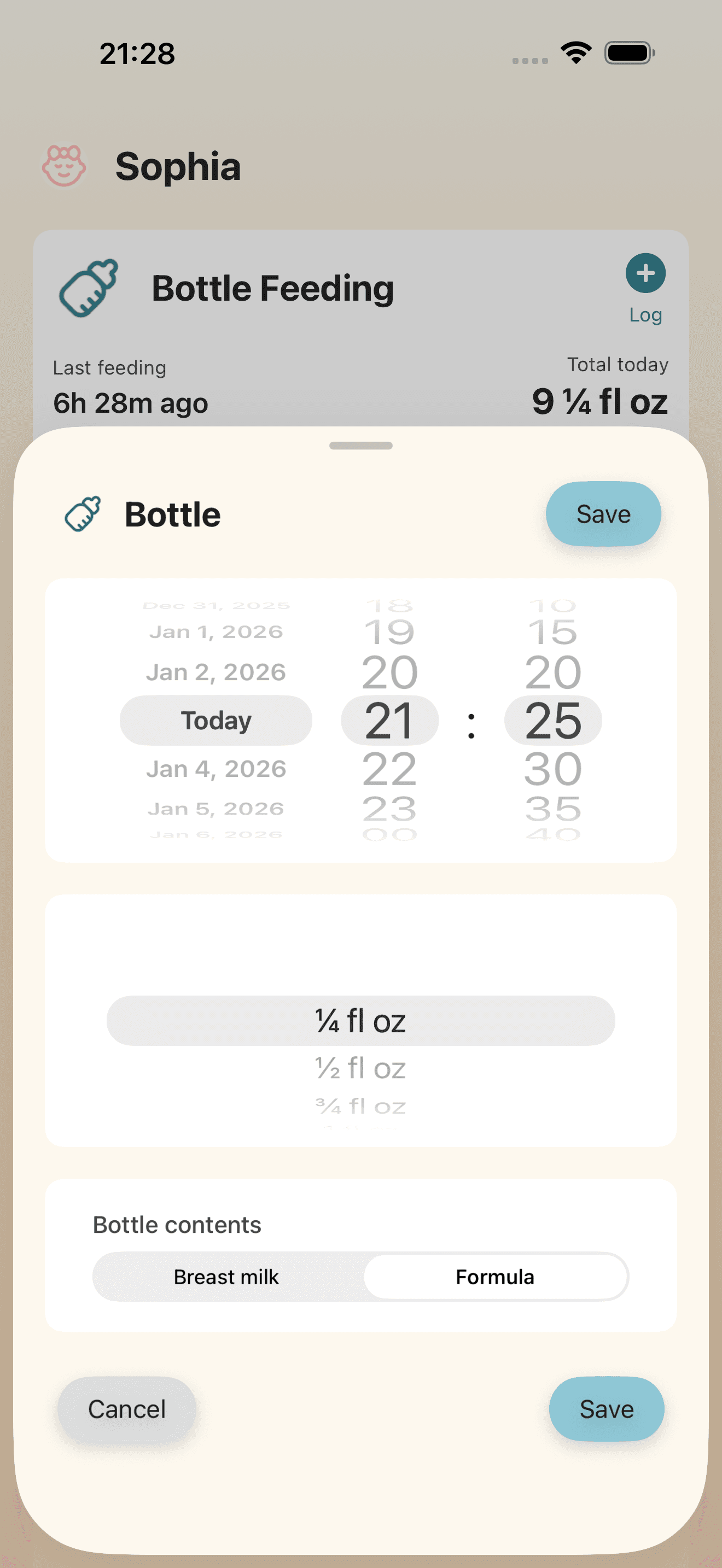 Bottle feeding tracking screen with time and quantity inputs